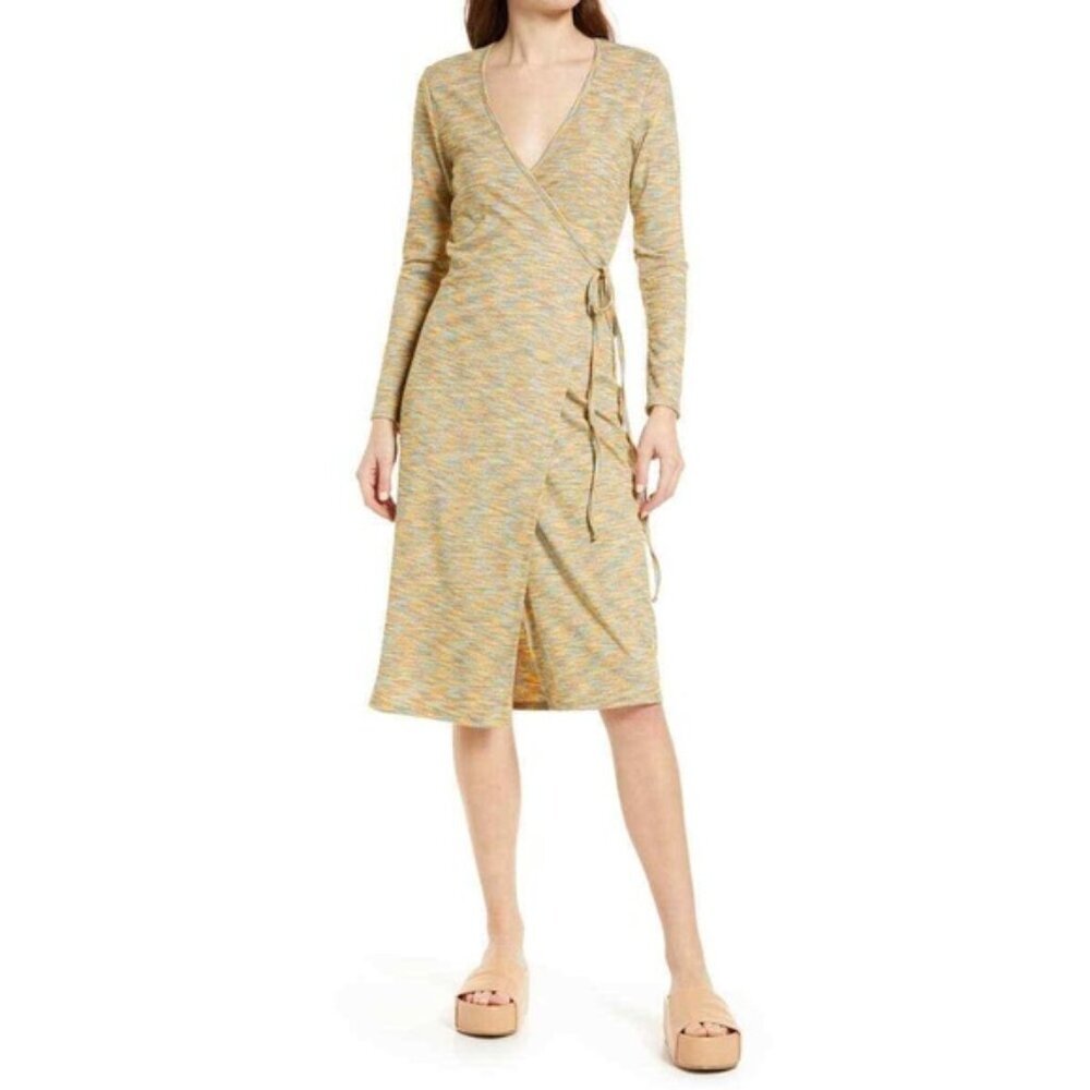 LISA SAYS GAH Lucille Long Sleeve Wrap Midi Dress in Flame Multicolor